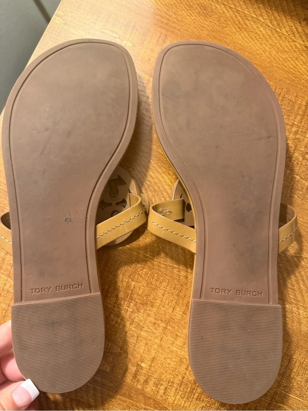 Tory Burch Camel Patent Miller Logo Thong Sandals